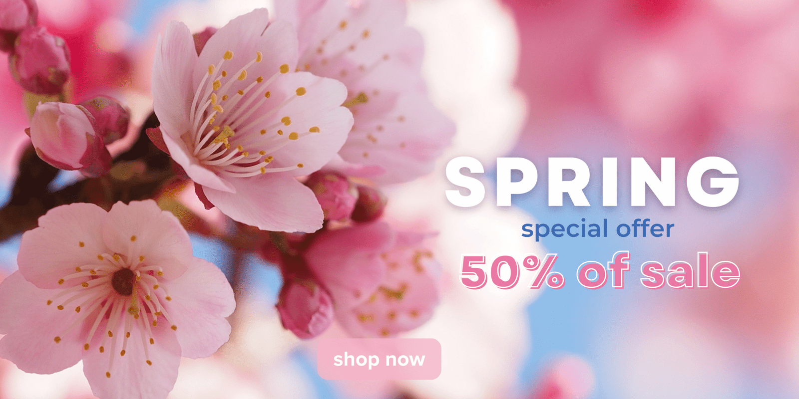 Pastel Pink White and Blue Minimalist Colorful Photo Cherry Blossom Spring Sale Banner